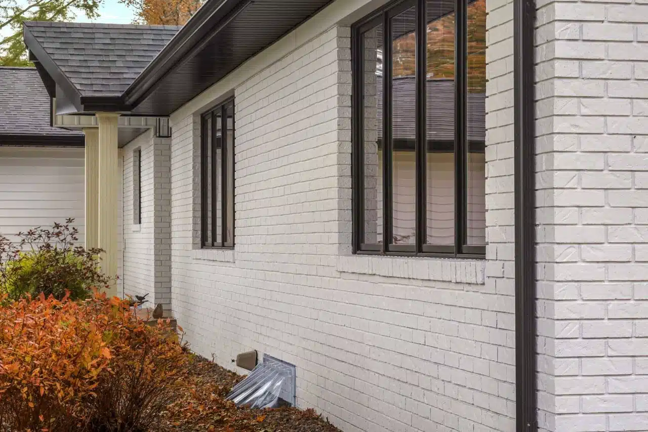 Exterior photo of white brick on remodel of Warsaw, IN home.