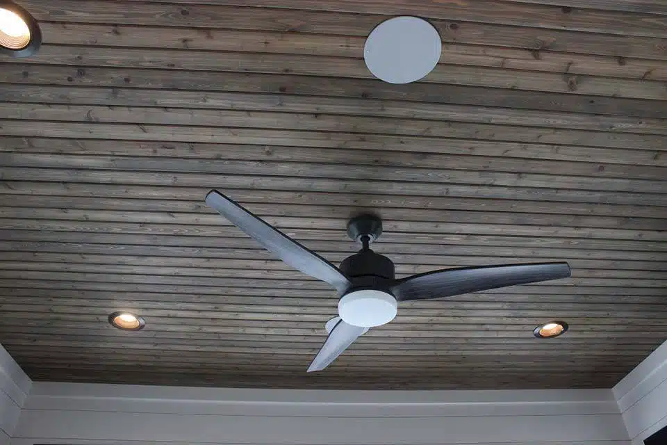 Interior wooden ceiling and ceiling fans on custom-built Winona Lake home.
