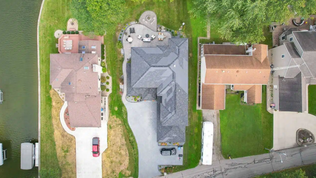 Aerial view of custom-built Winona Lake home.