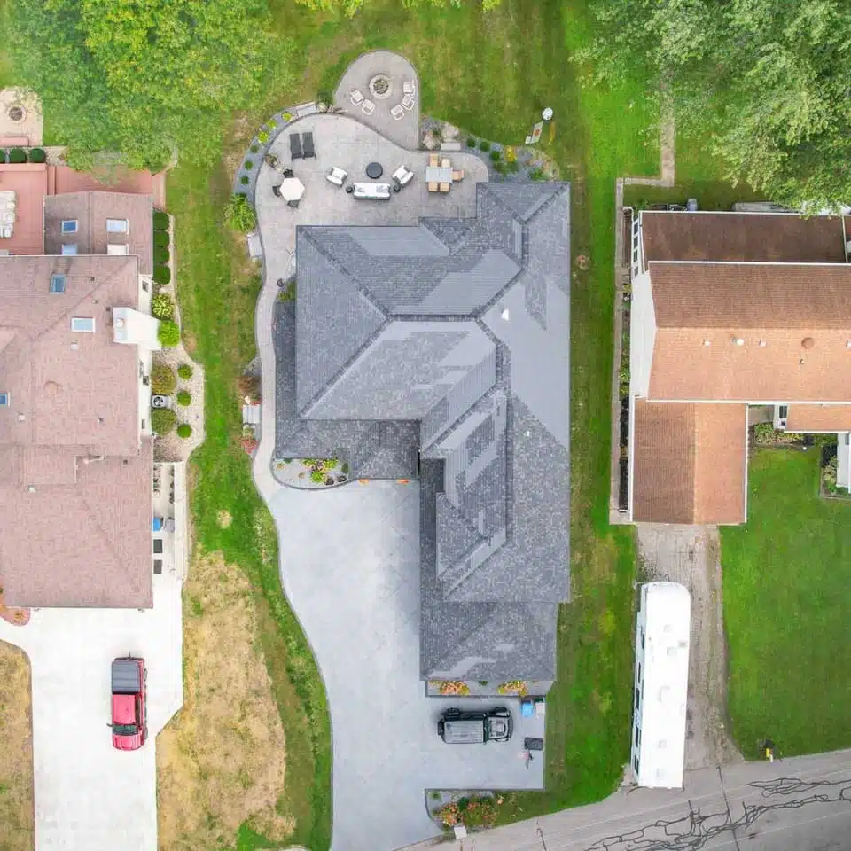 Aerial view of custom-built Winona Lake home.
