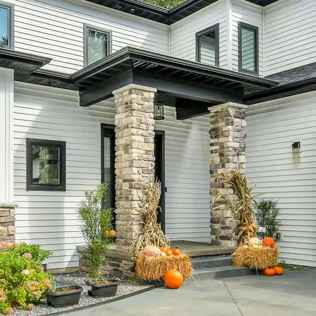 Exterior of custom Winona Lake home showcasing front porch during autumn with harvest decor.
