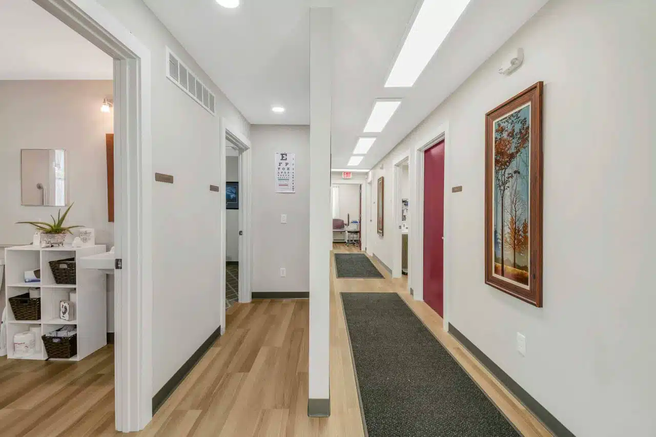 Interior hallway at a fully remodeled family healthcare facility in Warsaw, Indiana
