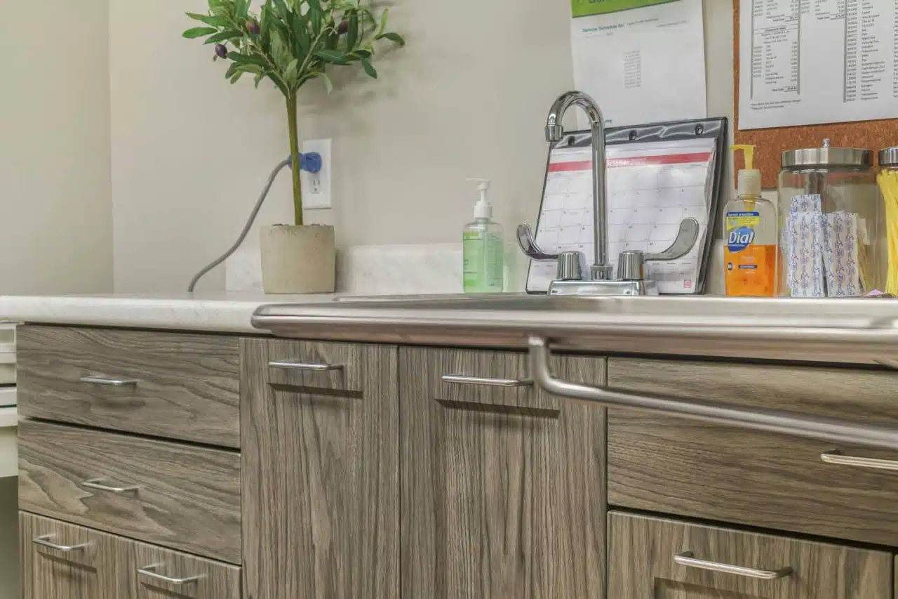 Sink and cabinets at a fully remodeled family healthcare facility in Warsaw, Indiana