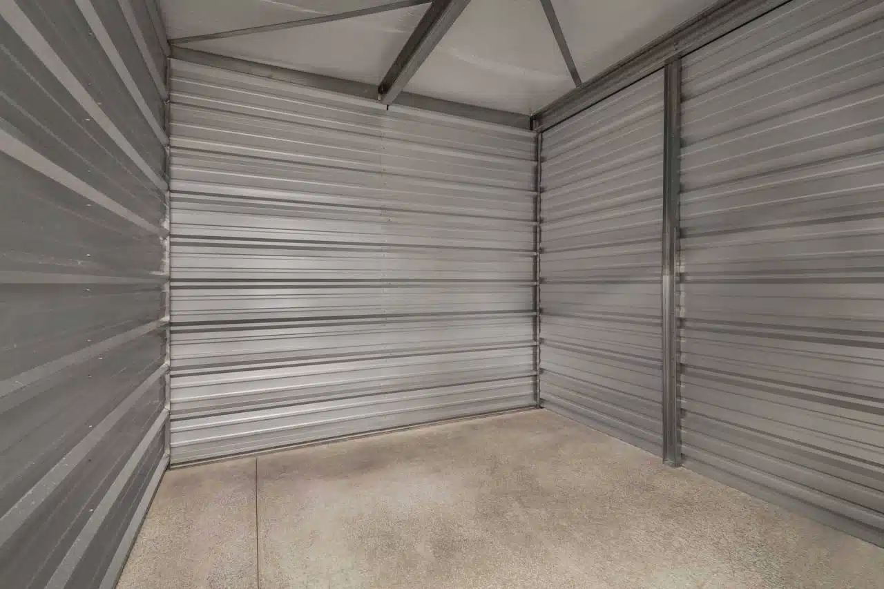 Interior of a storage unit in a newly constructed storage facility.