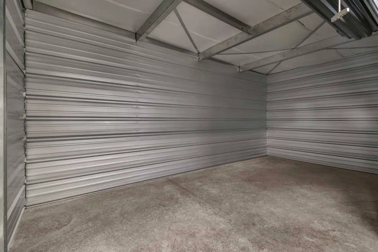 Interior of a storage unit in a newly constructed storage facility.